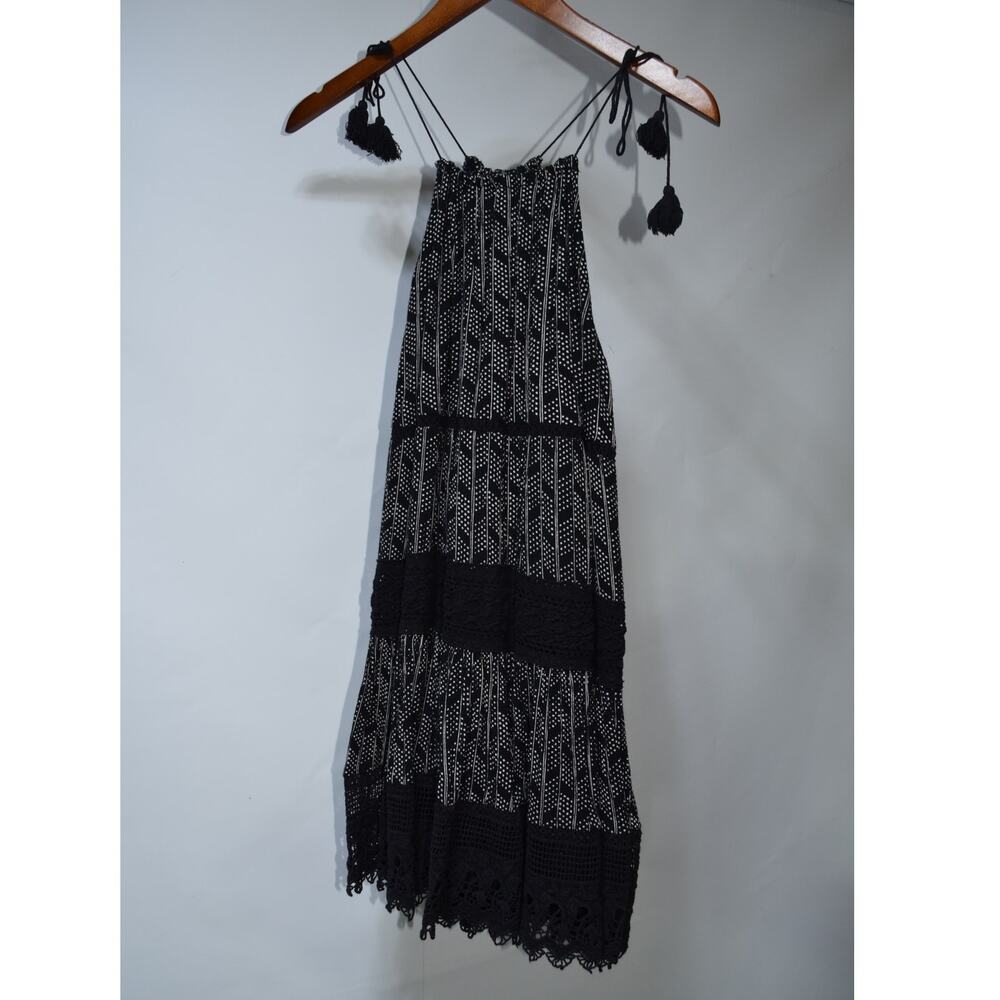 Kimchi Blue Anthropologie Black White Printed Crochet Lace Tassel Midi Dress XS